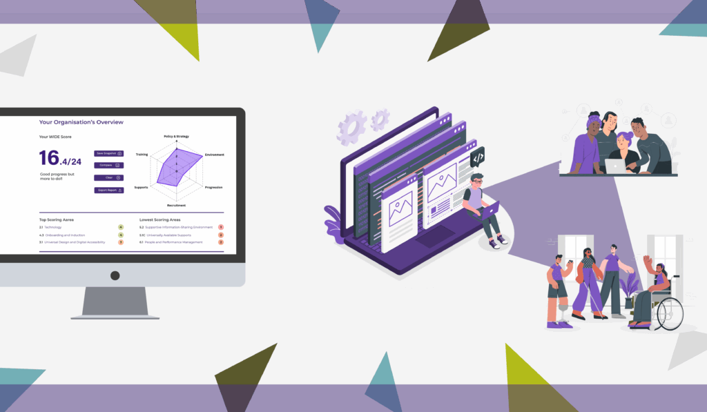 WIDE Launch - Showing an illustration of an interactive online platform, and snapshots of a vibrant and diverse workplace.