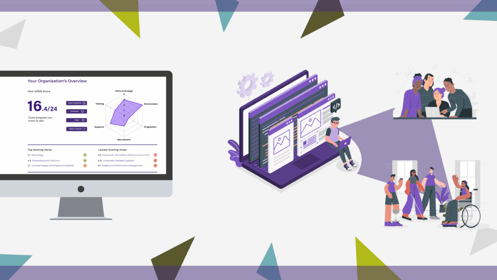 WIDE Launch - Showing an illustration of an interactive online platform, and snapshots of a vibrant and diverse workplace.